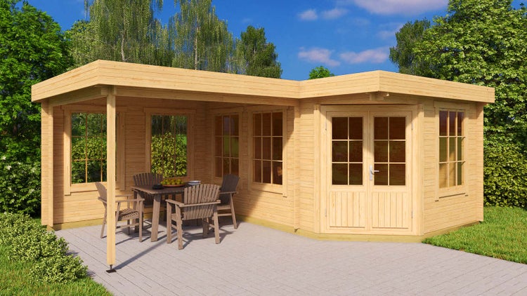 Alpholz 5-Eck Gartenhaus Pepe 40 mm Wandstärke mit Terrasse 442 x 302 cm + 300 cm, Pinie (Imprägniert)