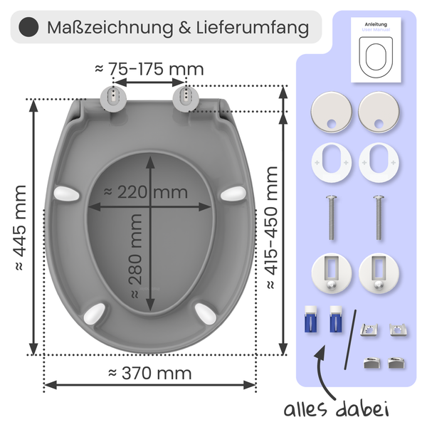 Maßzeichnung und Lieferumfang eines Toilettendeckels mit den Maßen 445 mm Höhe, 370 mm Breite, 220 mm Innenbreite und 280 mm Innentiefe, sowie der Abstand der Befestigungslöcher mit 75 bis 175 mm und die Höhe der Befestigung mit 415 bis 450 mm. Zusätzlich sind die Montageanleitung und alle Montageteile abgebildet.