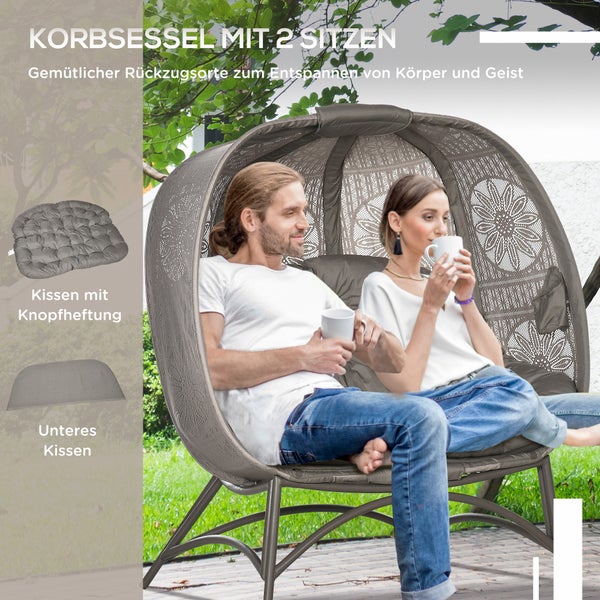 Outsunny 2-Sitzer Gartenstuhl, Korb-Stuhl mit Faltbarem Korb, Kissen, 126 x 75 x 142 cm, Stahl, Sand