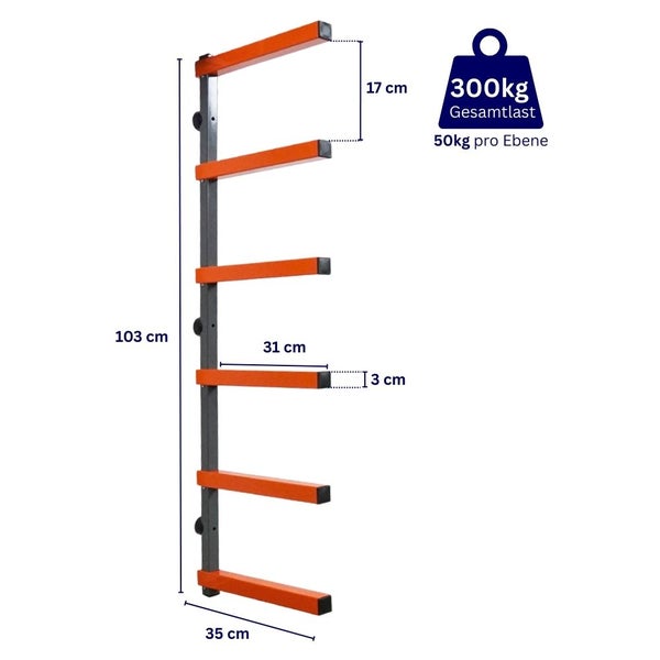 Abmessungen eines Wandregals mit sechs Ebenen und einer maximalen Belastbarkeit von 300 Kilogramm.