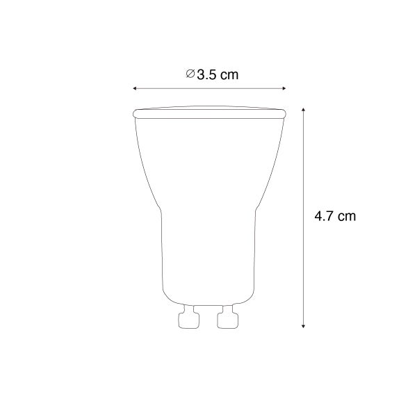 Technische Zeichnung eines GU10 LED-Reflektors mit einem Durchmesser von 3,5 Zentimetern und einer Höhe von 4,7 Zentimetern.