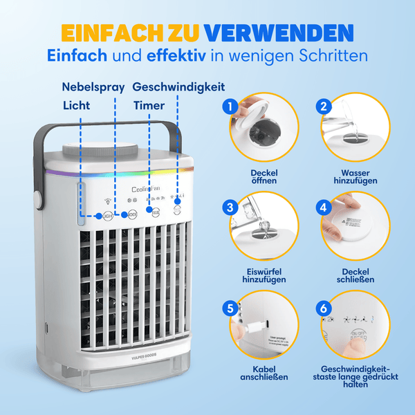 Vulpes Goods Mini-Klimaanlage -  Mobile Klimaanlage - Luftkühler - 4 Windgeschwindigkeiten - 2 Luftbefeuchtungsmodi - Timer