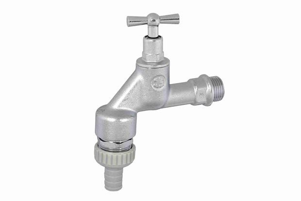 Auslaufventil mit Knebeloberteil und Schlauchverschraubung aus Metall.