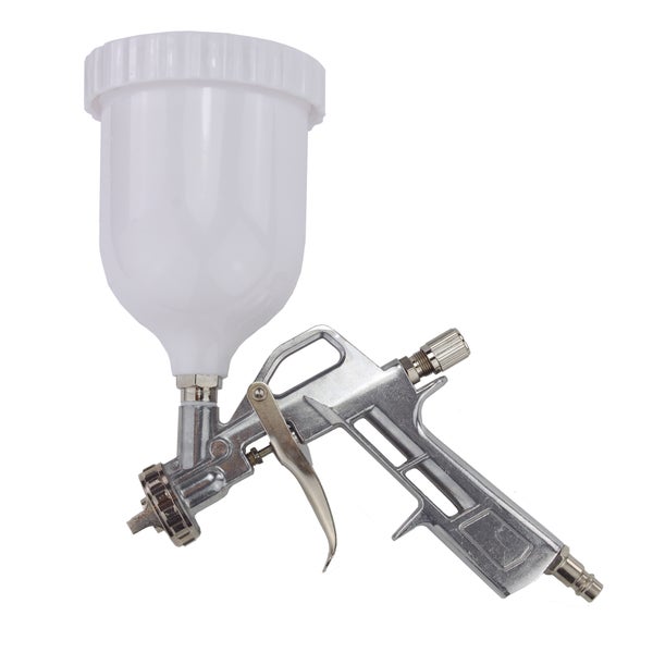 Druckluft Farbspritzpistole mit Fließbecher aus Metall und Kunststoff für präzisen Farbauftrag.