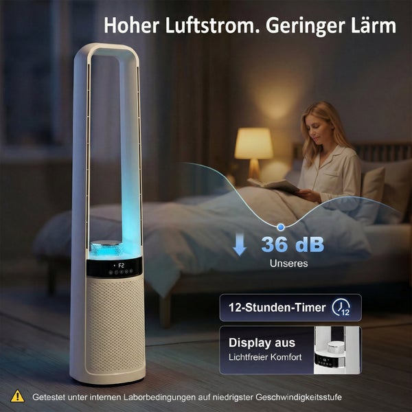 Turmventilator im Schlafzimmer bei Nacht, 36 Dezibel Geräuschpegel, 12-Stunden-Timer und abschaltbares Display für lichtfreien Komfort.
