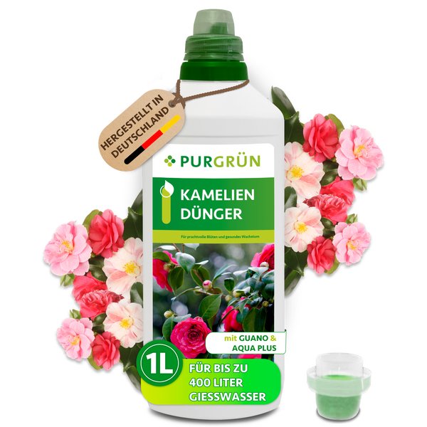 Eine Flasche Purgrün Kameliendünger mit einem Liter Inhalt und Guano für kräftiges Pflanzenwachstum inklusive Messbecher.