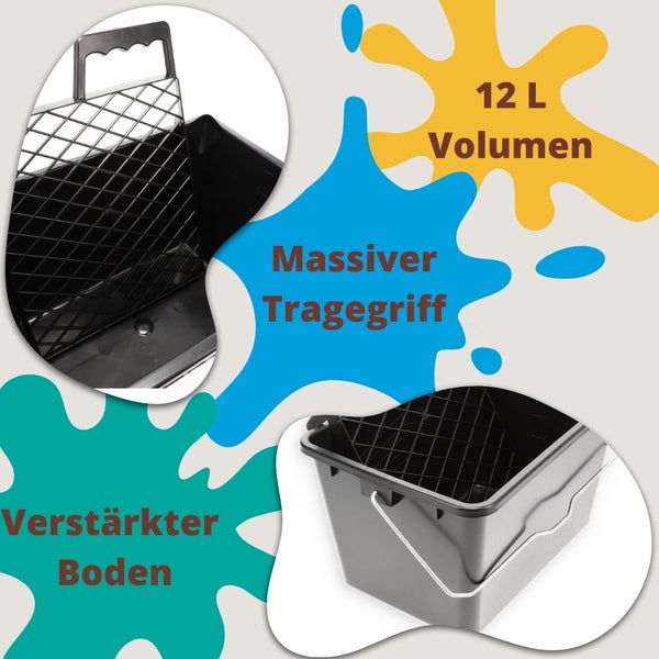 Farbeimer mit 12 Liter Volumen, massivem Tragegriff, verstärktem Boden und Abstreifgitter.