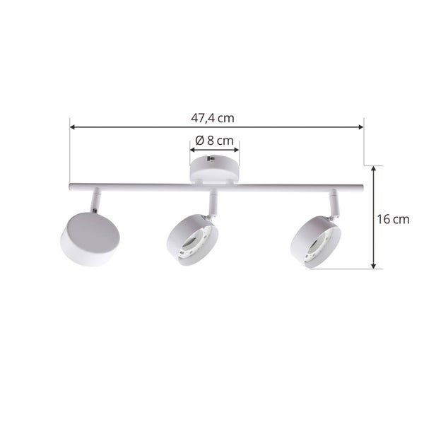 Technische Zeichnung einer Deckenleuchte mit drei Strahlern und Größenangaben.