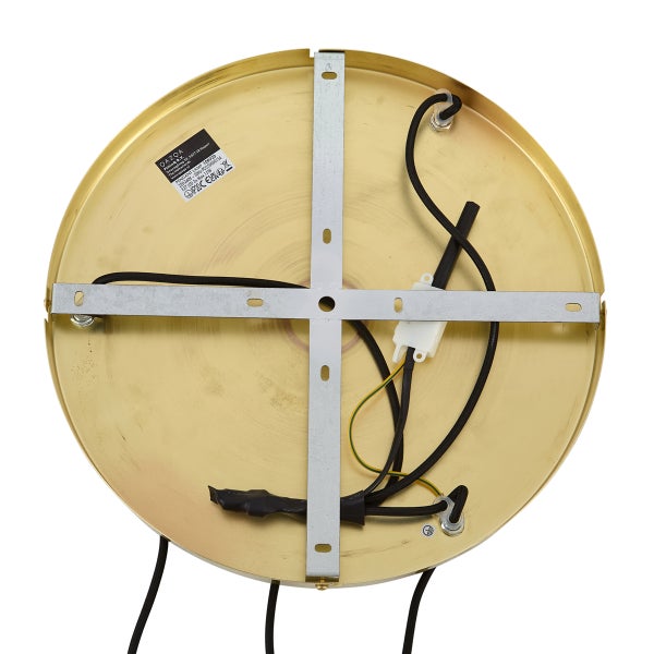 Unterseite einer runden Deckenleuchte mit Verkabelung und Montagevorrichtung