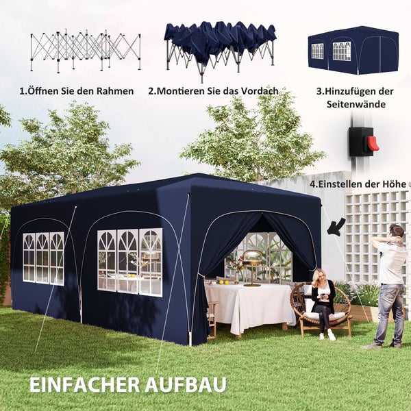 Outsunny Pavillon ca. 3x6m, wasserabweisend Stabil Winterfest Pop-up Faltpavillon, UV Schutz 50+, Faltbar Partyzelt Gartenzelt mit 6 Seitenteilen Tasche Gartenpavillon für Camping Garten, Dunkelblau