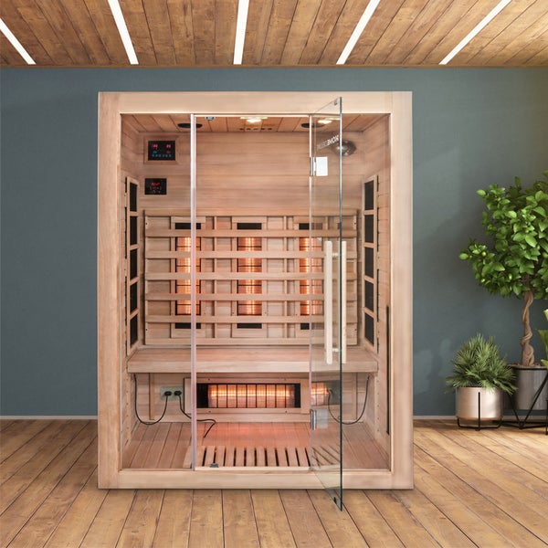 Home Deluxe – Infrarotkabine SAHARA L – 150 x 120 x 190 cm - für 2 - 3 Personen, 6 Vollspektrumstrahler, Holz: Hemlocktanne I Infrarotsauna, Sauna, Wärmekabine, Infrarot