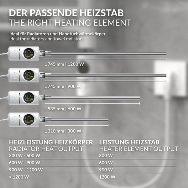 ML-Design Heizstab 600W Weiß mit Thermostat und LCD Bildschirm, Elektronischer Temperaturregler und Timing-Funktion, Heizpatrone Heizelemente für Badheizkörper Heizungen, Elektroheizstab mit Stecker