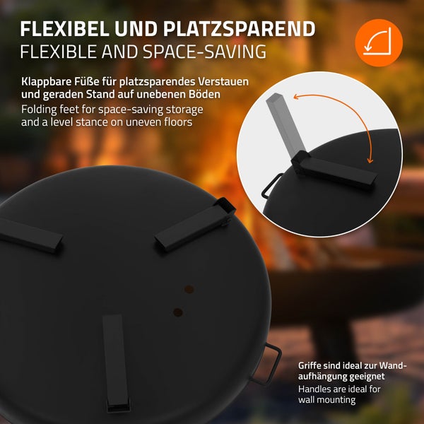 ECD Germany Feuerschale Ø70 x 27 cm mit 3 klappbaren Füßen, Dreibein Feuerstelle für den Garten, Stahl Feuerkorb rund mit 2 Griffen & 2 Entwässerungslöcher, Outdoor Eisenschale Feuertonne BBQ Camping