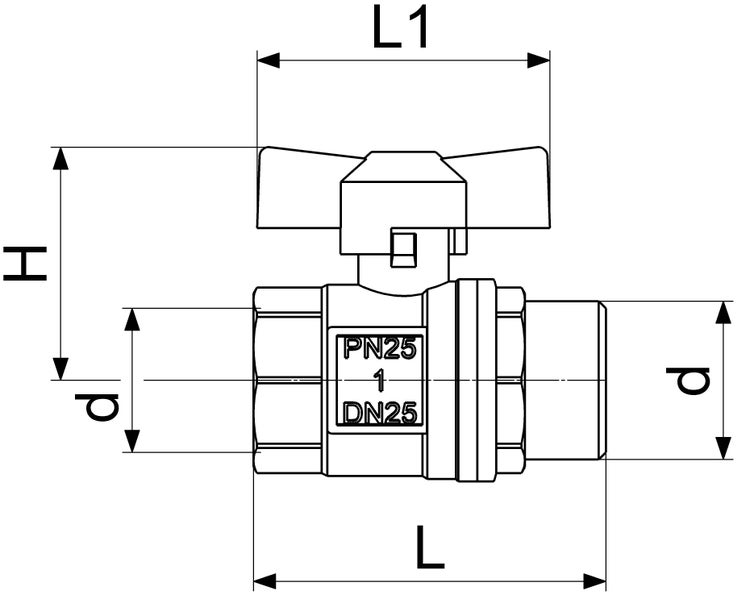 Technische Zeichnung eines Kugelhahn PN25 DN25 mit Maßangaben für Länge L, Hebelbreite L1, Höhe H und Durchmesser d.