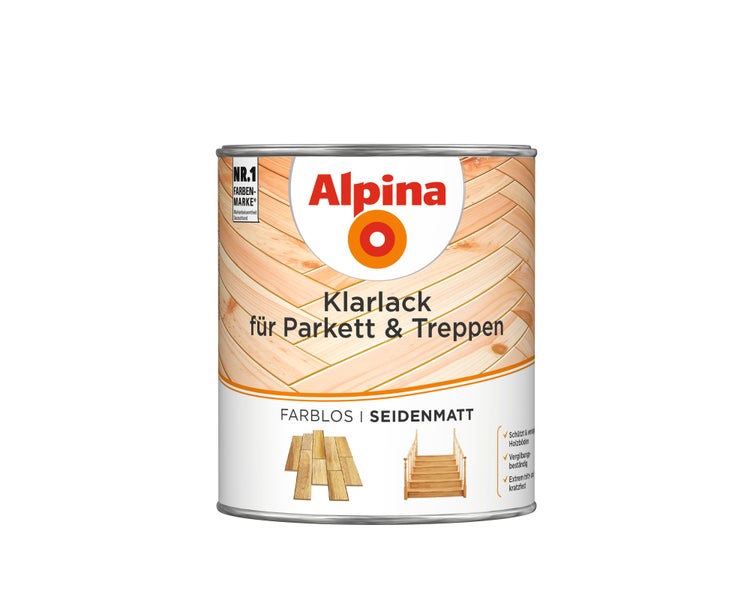 Alpina Klarlack für Parkett und Treppen, farblos, seidenmatt.