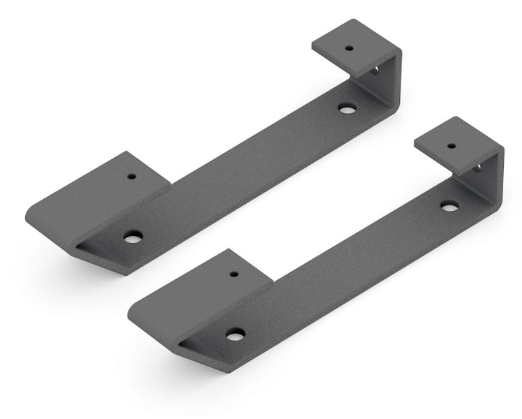 Zwei graue Metallwinkelhalterungen zur Wandbefestigung mit vorgebohrten Löchern.