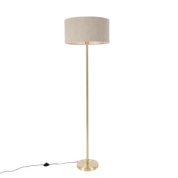 QAZQA - Design Stehleuchte I Stehlampe I Standleuchte I Lampe I Leuchte Messing mit Boucle-Schirm Taupe 50 cm - Simplo I Wohnzimmer I Schlafzimmer - Stahl Rund - LED geeignet E27