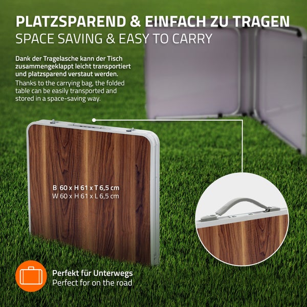 ECD Germany Campingtisch Klapptisch mit Tragegriff 120x60x55/63/70 cm Braun aus Aluminium und MDF Holzdekor höhenverstellbar klappbar - Falttisch Gartentisch Balkontisch Reisetisch Arbeitstisch Tisch