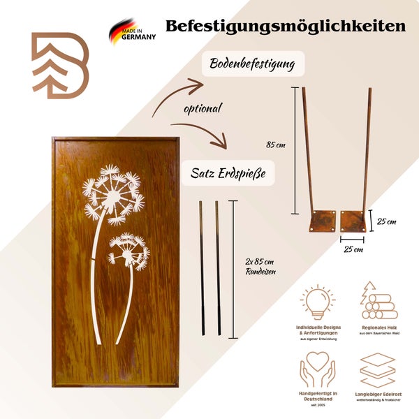 Infografik zur Bodenbefestigung einer Edelrost Gartenstele mit Pusteblumenmotiv inkl. Erdspießen und Rundeisen mit Maßen.