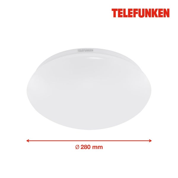 Telefunken Logo und eine runde weiße Deckenleuchte mit einem Durchmesser von 280 Millimetern.