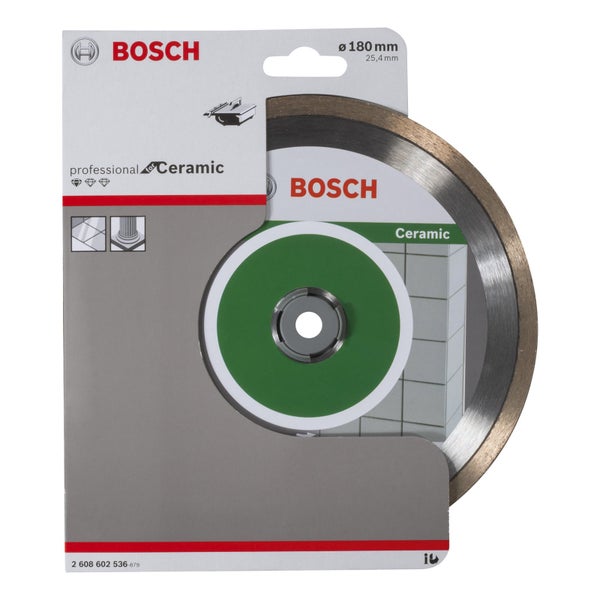 Bosch Logo. Diamanttrennscheibe mit 180 Millimeter Durchmesser für professionelle Keramikbearbeitung.