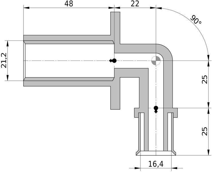 Technische Zeichnung eines 90 Grad Winkelstücks mit detaillierten Maßangaben.