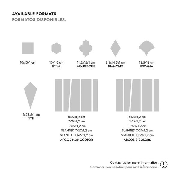 Übersicht verfügbarer Fliesenformate und Größen mit geometrischen Mustern wie Arabesque, Diamond, Escama und Kite sowie rechteckigen Modellen.