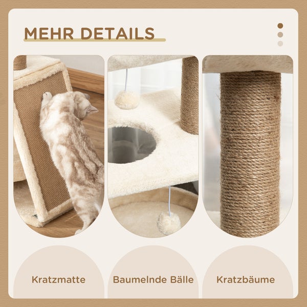 Detailansicht eines Katzenkratzbaums mit Kratzmatte, baumelnden Bällen und Sisalstämmen