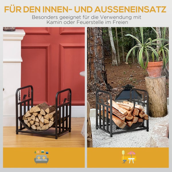 Outsunny Kaminholzregal, mit Griffe, für Outdoor, Indoor, bis 50 kg, 42 x 33,5 x 43 cm, Metall, Schwarz