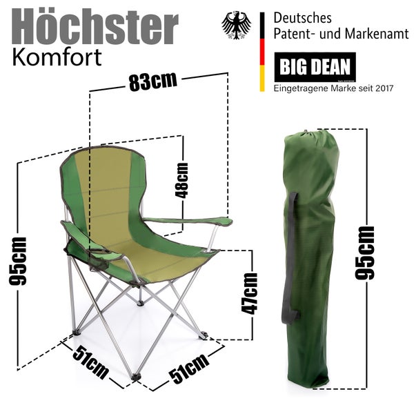 BigDean Campingstuhl für Personen ab 1,70 m - Großer Bequemer Faltstuhl in Grün – Anglerstuhl belastbar bis 120 kg –  der Klappstuhl mit extra großer Sitzfläche für ultimativen Komfort im Freien
