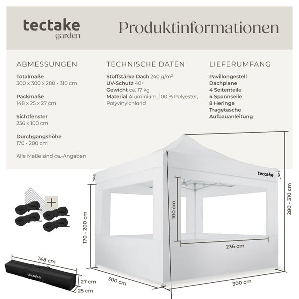 Informationen zum Tectake Gartenpavillon mit Abmessungen und Lieferumfang