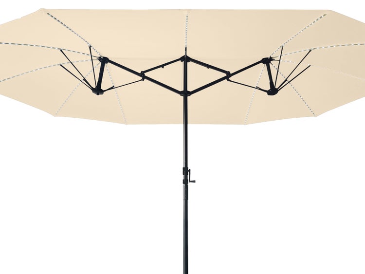 Doppelter Sonnenschirm mit LED Beleuchtung und Kurbelmechanismus für Garten und Terrasse