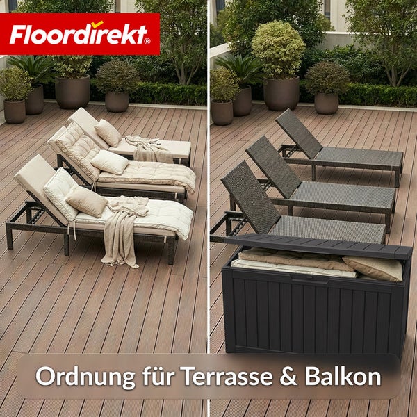 Terrasse und Balkon mit Liegestühlen und Aufbewahrungsbox für Ordnung