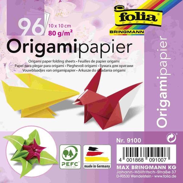 Folia  Faltblätter aus Origamipapier 80g/m², 10x10cm, 96 Blatt, farbig sortiert