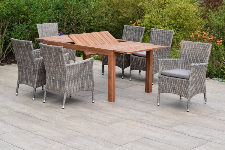 Teneriffa Gartenmöbelset 13tlg., 6 Sessel, 6 Sitzkissen, Ausziehtisch 150 (200) x 90 cm