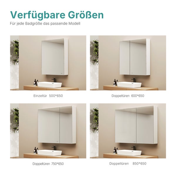 EMKE Spiegelschrank 60 x 65 cm, 2-türig, doppelseitige Spiegeltüren, mit Einlegeböden, Soft-Close, IP44, für Badezimmer, weiß