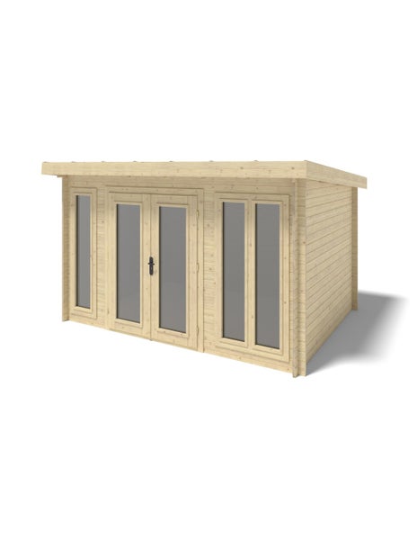 Technische Zeichnung für ein Gartenhaus mit Maßen, Grundriss, Frontansicht, Seitenansicht und einer dreidimensionalen Ansicht.