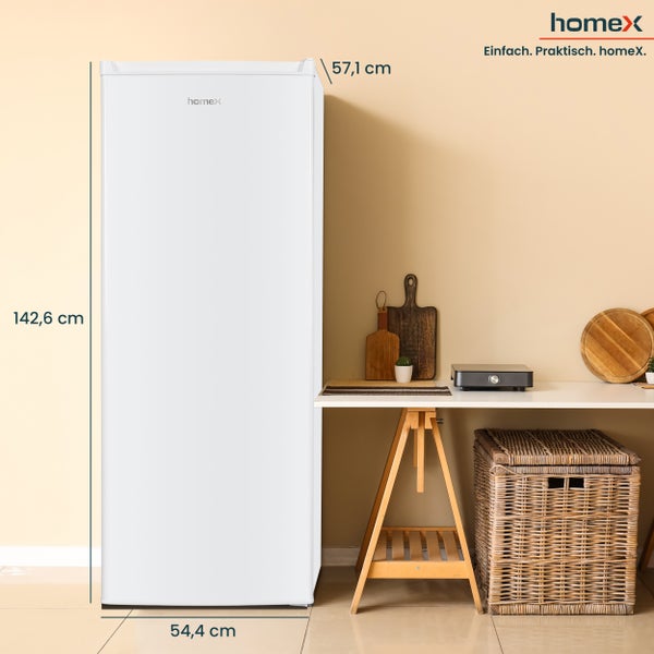 Freistehender Kühlschrank mit den Maßen 142,6 cm Höhe, 54,4 cm Breite und 57,1 cm Tiefe