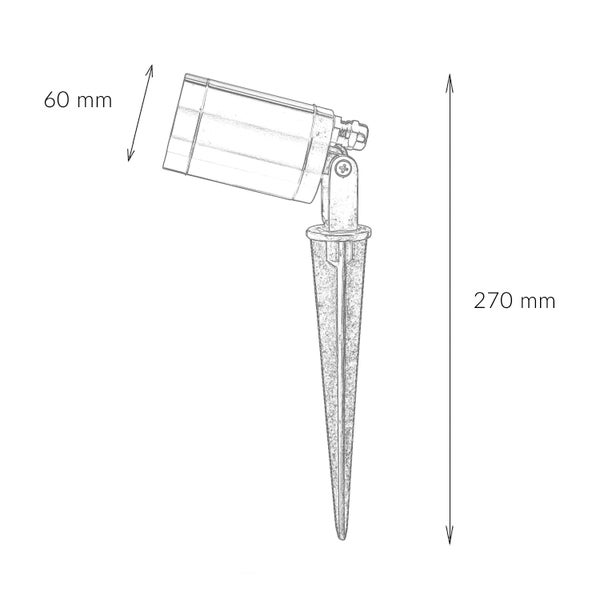 Abbildung eines Gartenstrahlers mit Erdspieß und Maßangaben: 60 mm Breite, 270 mm Höhe.