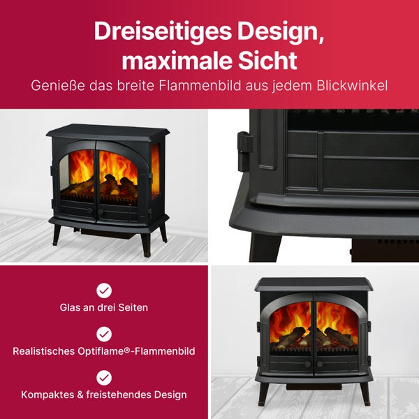 Elektrischer Kamin mit dreiseitigem Glas, Optiflame-Flammeneffekt mit Holzscheiten, kompaktes und freistehendes Design mit Metalldetails.