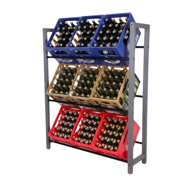 PROREGAL Getränkekistenregal HUNSRÜCK HxBxT 138x112x32cm 9 Kisten auf 3 Ebenen Massives Kiefernholz Grau geölt