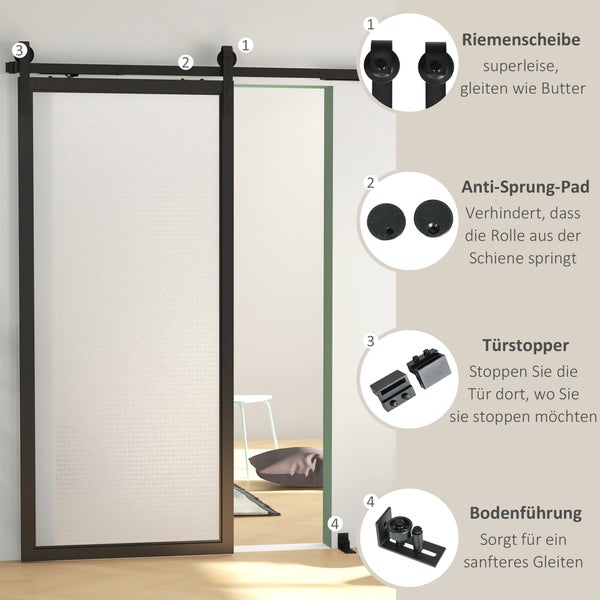 HOMCOM Schiebetüren-Beschlagsatz 183 cm Komplett-Set mit Schienen, Rollen, Anti-Sprung-Vorrichtungen, Türstopper, Bodenführung, Schiebetürsystem aus Kohlenstoffstahl Schwarz