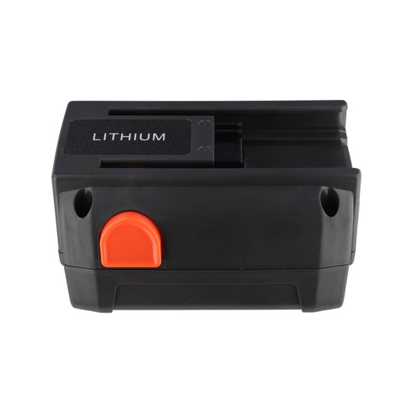Lithium-Akku für Elektrowerkzeuge mit schwarzem Gehäuse und orangefarbenem Entriegelungsknopf.
