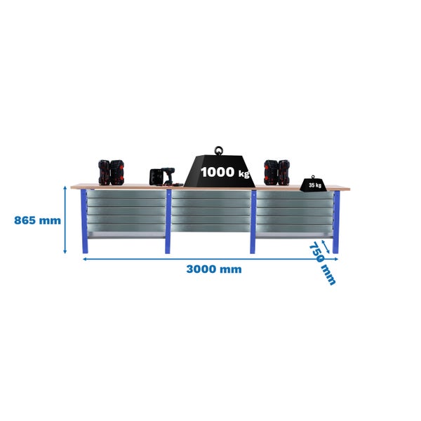 Werkbank BUFFALO WOOD mit 15x Schublade| HxBxT 86,5x300x75cm | Traglast 1000kg | Blau