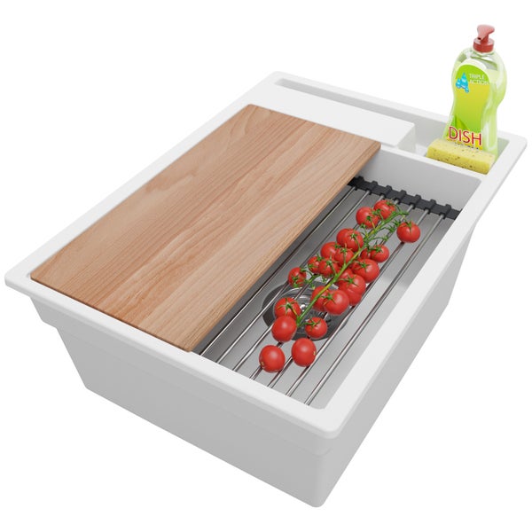 PRIMAGRAN Spülbecken Weiß 38x53cm, Granitspüle 1 Becken + Ablauf-Set + Küchenzubehörset, Küchenspüle ab 40er Unterschrank - Oslo Pocket