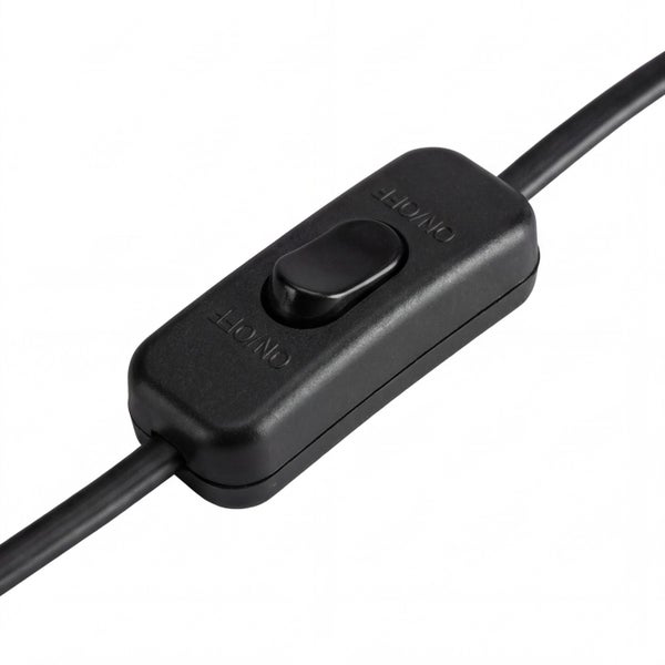 Schwarzer Schnurzwischenschalter aus Kunststoff mit Wippschalter und Ein-Aus-Beschriftung