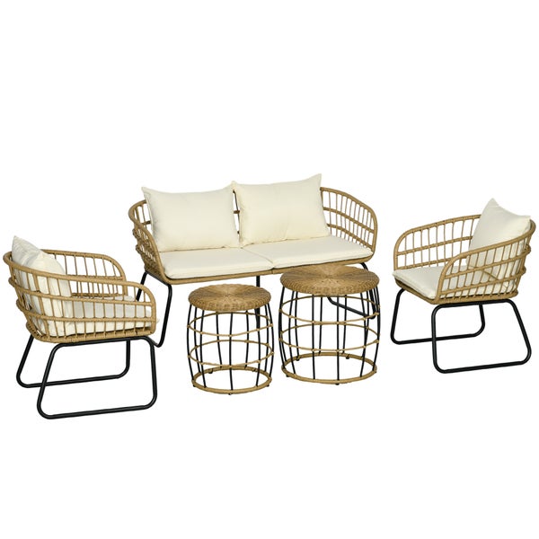 Outsunny 5 tlg. Rattan Gartenmöbel-Set, Sitzgruppe mit Kissen, 2 Couchtischen, 2 Sesseln, 1 Doppelsofa,  145L x 70B x 78Hcm, Stahl, Beige