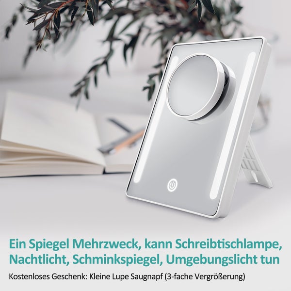 EMKE Kosmetikspiegel mit Beleuchtung 163 x 224 mm, 3-fach Vergrößerung, Kaltweiß, Touch-Schalter, USB/Batterie, Tragbar, Weiß, Horizontal & Vertikal aufstellbar