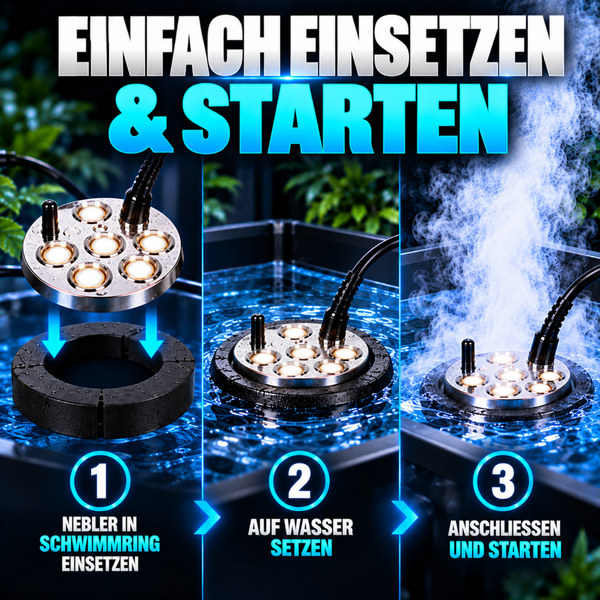 Drei Schritte zur Inbetriebnahme eines Ultraschallneblers mit Schwimmring im Wasserbecken.