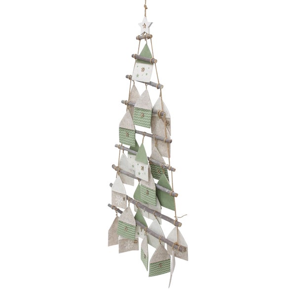 Hängender Adventskalender in Tannenbaumform aus Holz und Textil mit 24 Taschen zur Weihnachtsdekoration